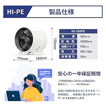 Amazon.co.jp: Hon&Guan ダクトファン 150mm 強力 無段階調速